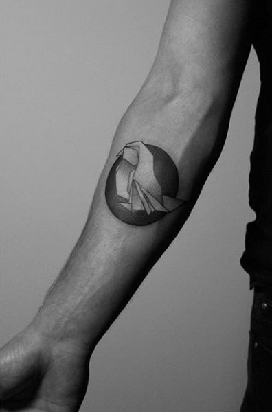 Black Ink Circle Origami Bird Tattoo For Guys On Inner Forearm