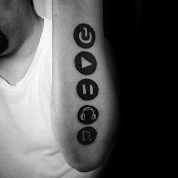 Black Ink Circles With Music Note Negative Space Design Mens Outer Forearm Tattoos