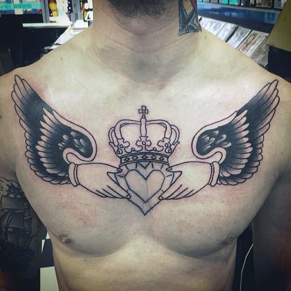 Black Ink Claddagh Tattoo For Guys On Chest