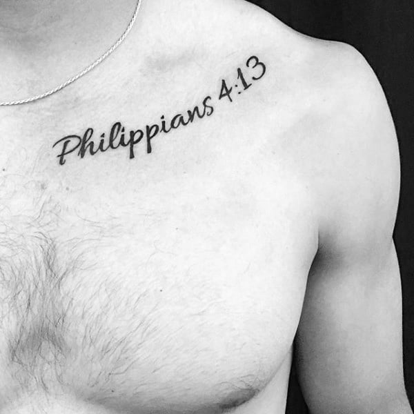 Black Ink Collar Bone Mens Philippians 4 13 Tattoo