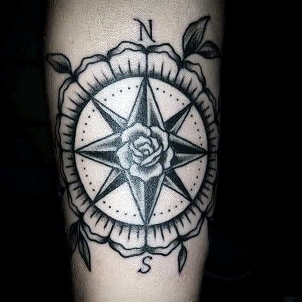 Black Ink Compass Rose Male Inner Forearm Traditional Tattoo