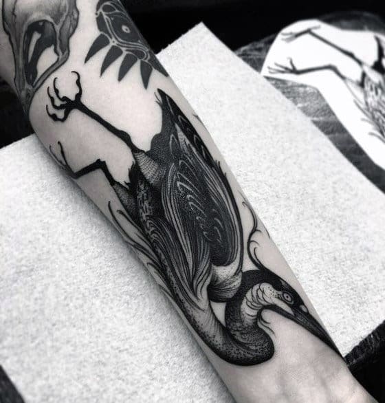 Black Ink Crane Bird Mens Forearm Tattoo Designs