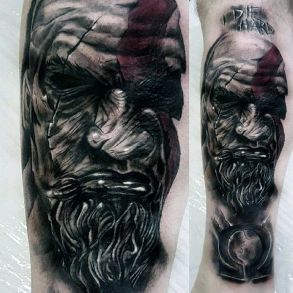 Black Ink Dark Kratos Mens Leg Tattoo Ideas