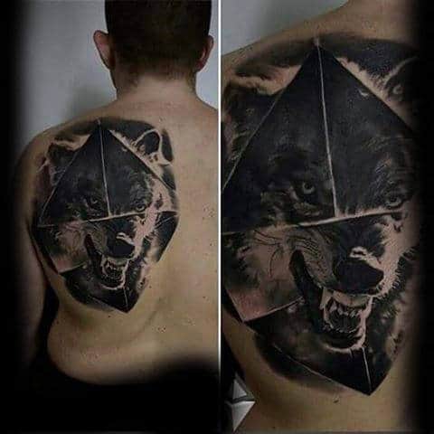 Black Ink Dark Male Wolf Upper Back Tattoos