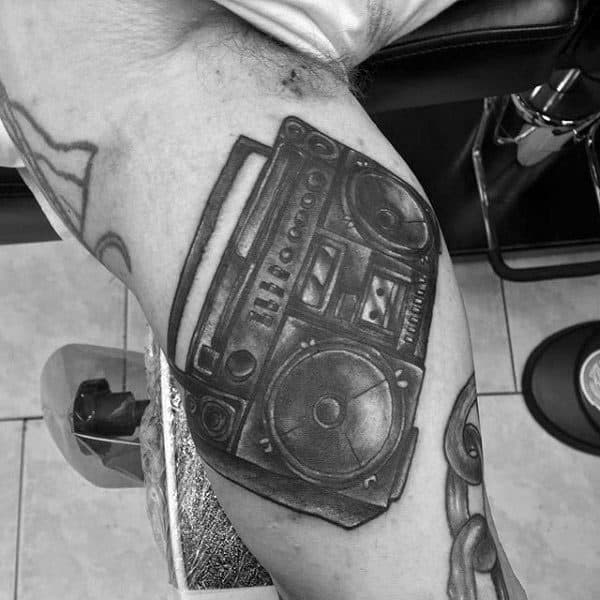Black Ink Dark Shaded Guys Boombox Inner Arm Bicep Tattoos