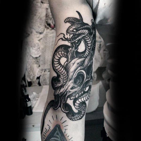 Black Ink Deer Skull Cobra Snake Guys Inner Arm Tattoo