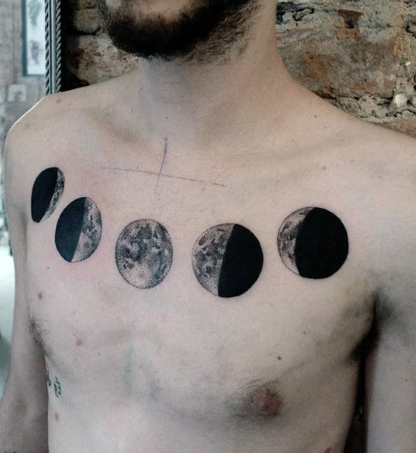Black Ink Detailed Mens Moon Phases Upper Chest Tattoos