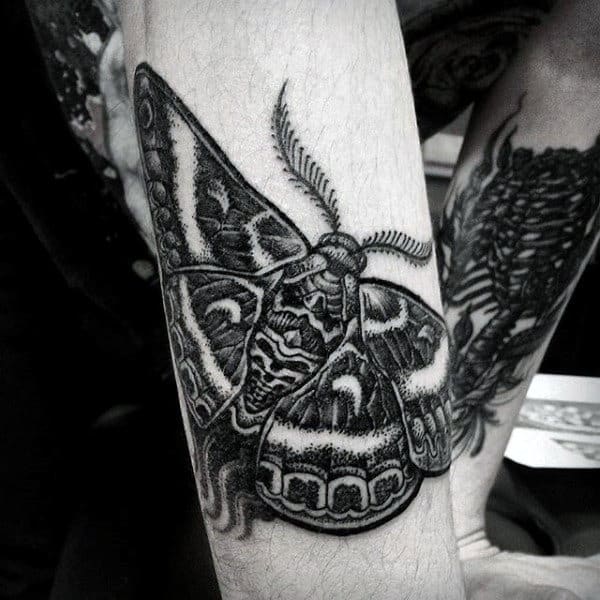 Black Ink Dotwork Guys Moth Outer Forearm Tattoo