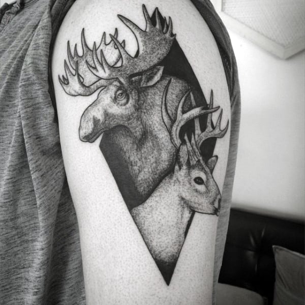 Black Ink Dotwork Upper Arm Guys Moose Tattoos