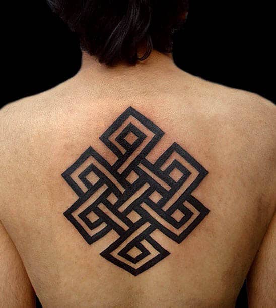 Black Ink Endless Knot Tattoo On Mans Back