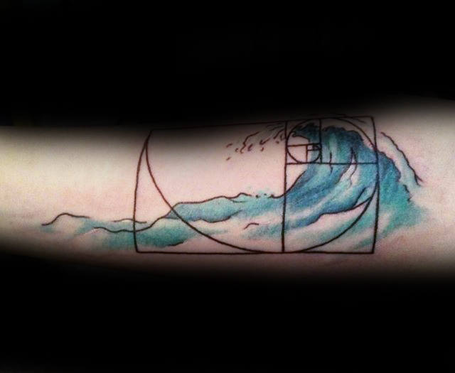 Black Ink Fibonacci Spiral With Watercolor Waves Mens Outer Forearm Tattoo