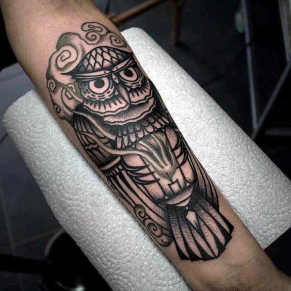 Black Ink Forearm Male Tattoo Of Traditional Owl