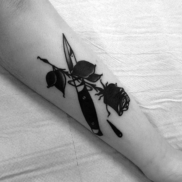 Black Ink Forearm Rose Flower Switchblade Guys Tattoo Ideas