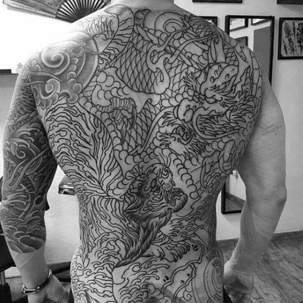 Black Ink Full Back Male Tiger Dragon Tattoo Ideas