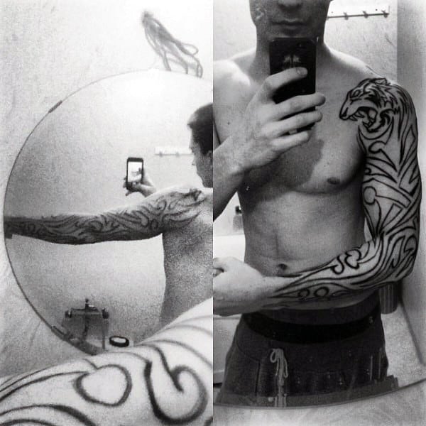 Black Ink Full Sleeve Mens Tribal Tiger Tattoo Designs