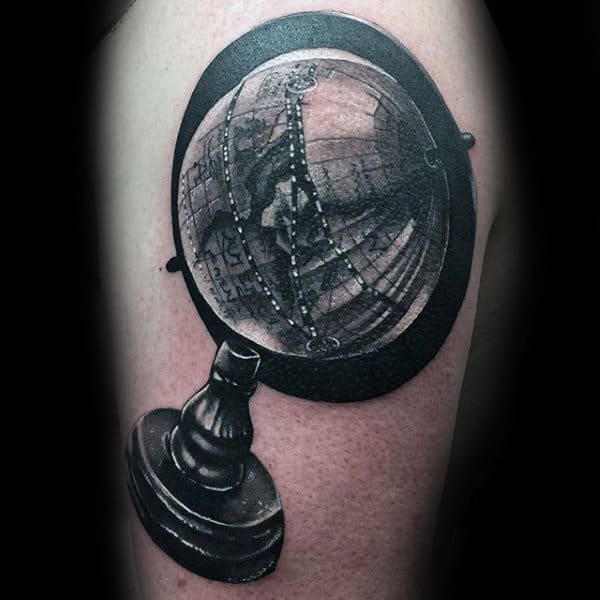Black Ink Globe Shaded Male Arm Tattoo