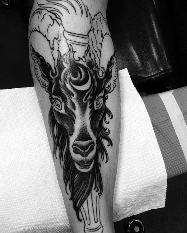 Black Ink Goat With Torch Mens Leg Tattoos