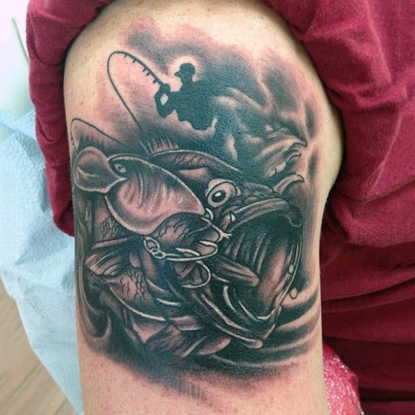 Black Ink Guys Bass Detailed Shoulder Tattoo