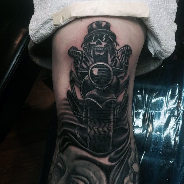 Black Ink Guys Biker Leg Tattoos