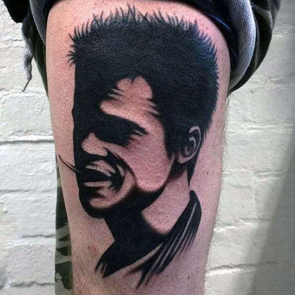 Black Ink Guys Fight Club Tyler Durden Silhouette Tattoos On Thigh