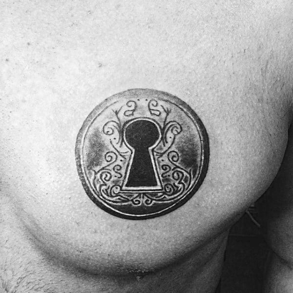 Black Ink Guys Shaded Keyhole Chest Tattoos For Men