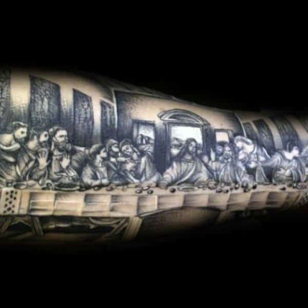 Black Ink Guys Shaded Tattoo Of Last Supper Design