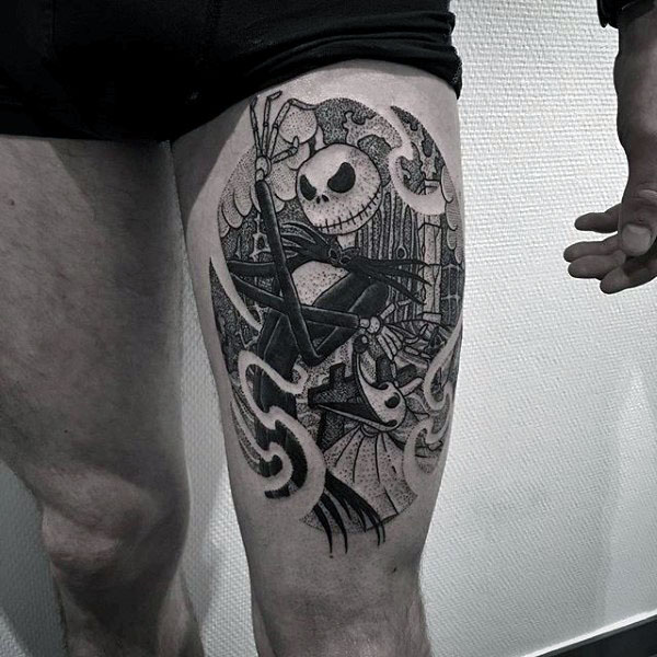 Black Ink Guys Thigh Night Before Christmas Tattoo Of Jack Skellington