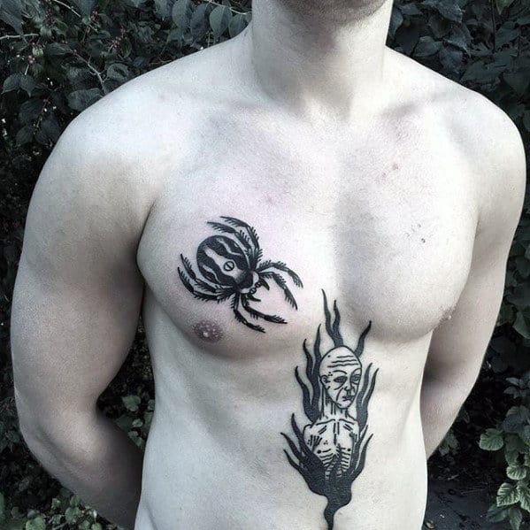 Black Ink Guys Traditional Upper Chest Spider Tattoos
