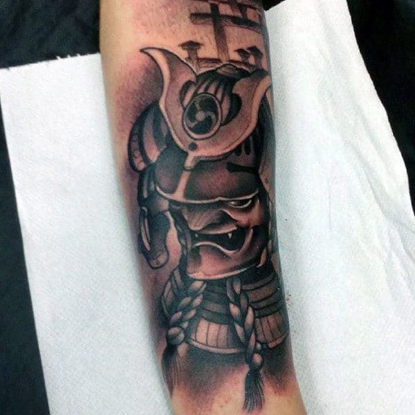 Black Ink Half Sleeve Sly Samurai Mask Tattoo For Men