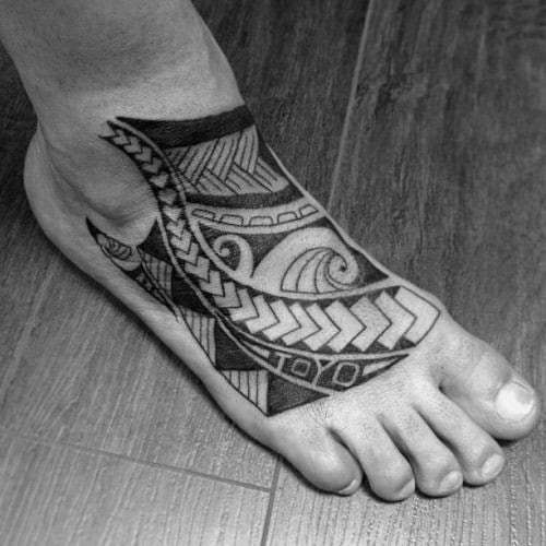 Black Ink Hawaiian Tribal Guys Tattoo Ideas On Feet