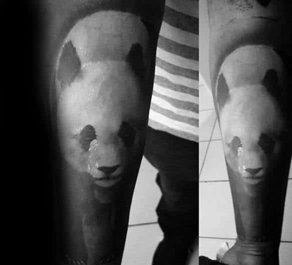 Black Ink Heavily Shaded Panda Forearm Tattoos For Men