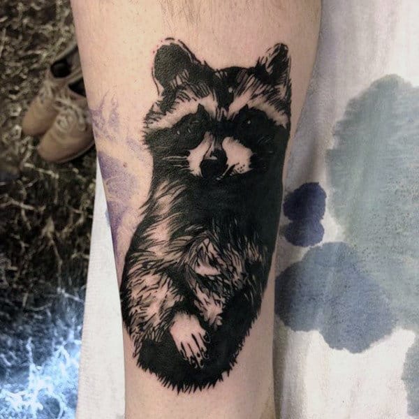 Black Ink Incredible Mens Raccoon Lower Leg Tattoos