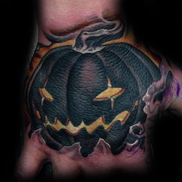 Black Ink Jack O Lantern Tattoos On Mens Hands