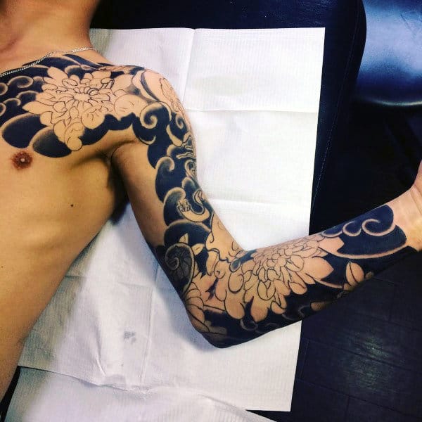 Black Ink Japanese Peony Mens Sleeve Tattoos
