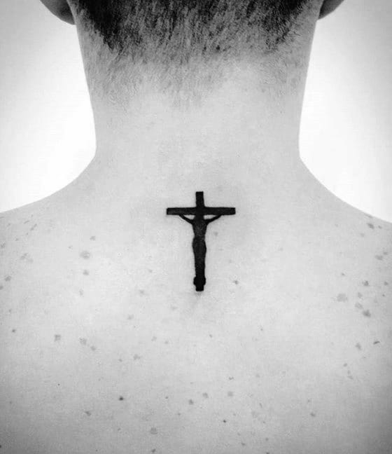 Black Ink Jesus On The Cross Simple Guys Upper Back Tattoo Ideas