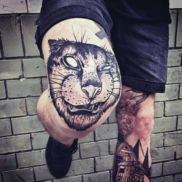 Black Ink Jungle Cat Mens Knee Tattoos