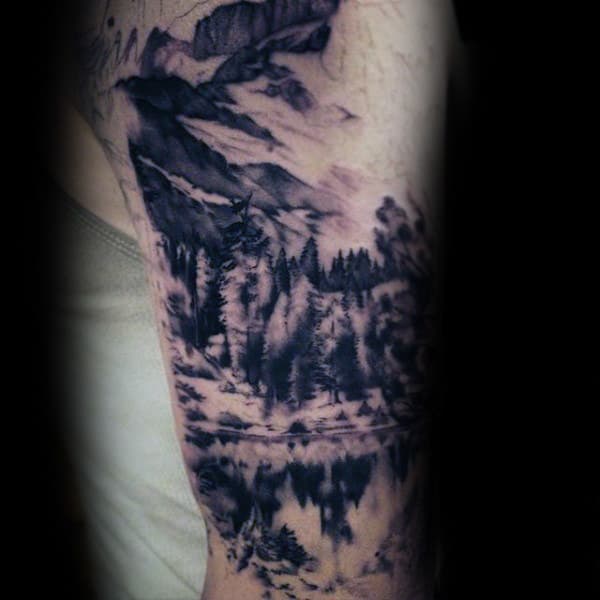 Black Ink Landscape Watercolor Male Arm Tattoos