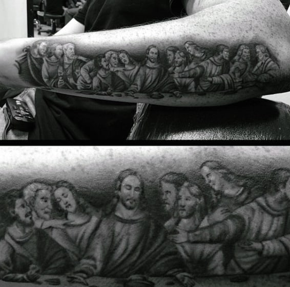 Black Ink Last Supper Tattoo For Guys On Forearm