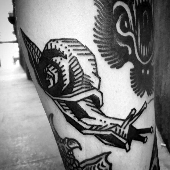 Black Ink Leg Snail Tattoos Guys