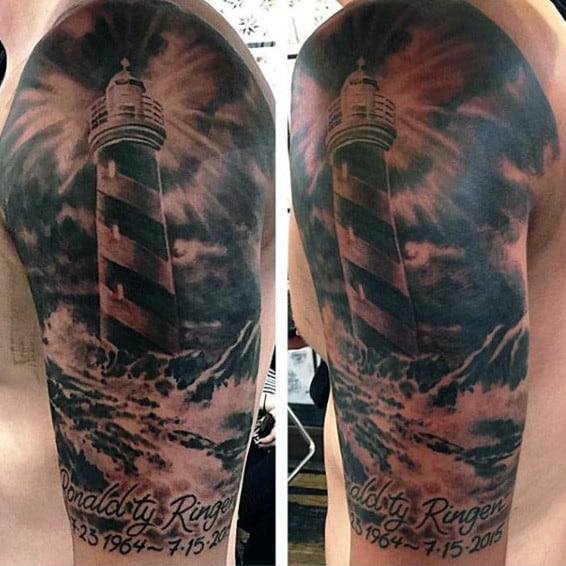 Black Ink Lighthouse Arm Tattoo For Males