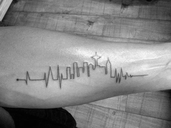Black Ink Line Heartbeat Guys Seattle Skyline Inner Forearm Tattoos