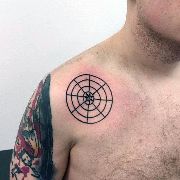 Black Ink Lines Circle Mens Tattoo On Upper Chest