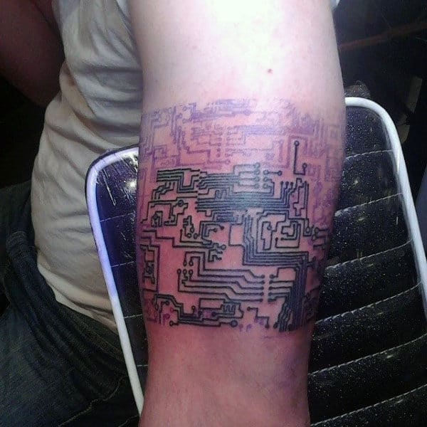 Black Ink Lines Circuit Board Armband Tattoos For Guys