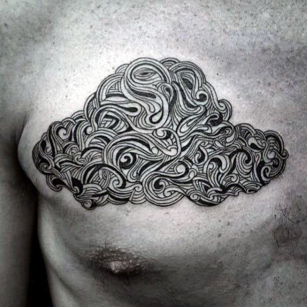Black Ink Lines Guys Creative Cloud Chest Tattoos