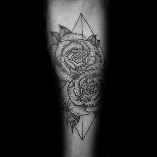 Black Ink Lines Guys Geometric Rose Tattoo On Forearm