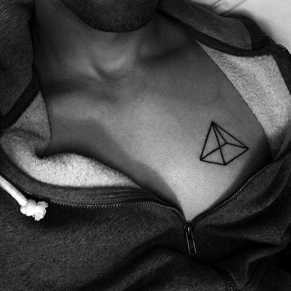Black Ink Lines Mens Small Geometric Pyramid Chest Tattoo