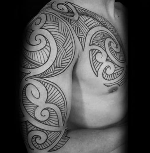 Black Ink Lines Polynesian Male Tribal Arm And Chest Tattoos