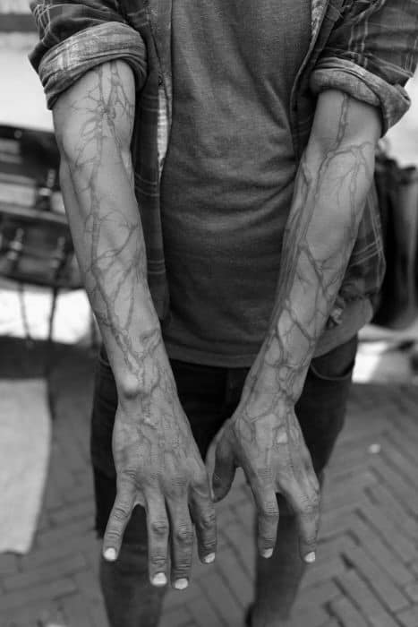 Black Ink Lines Tree Roots Full Arm Tattoos For Men