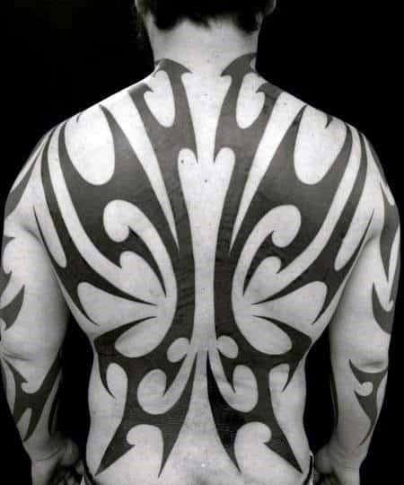 Black Ink Lines Tribal Male Tattoos On Back Of Body