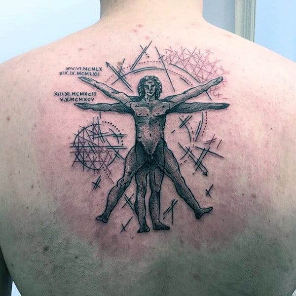Black Ink Lines With Shaded Vitruvian Man Mens Upper Back Tattoos